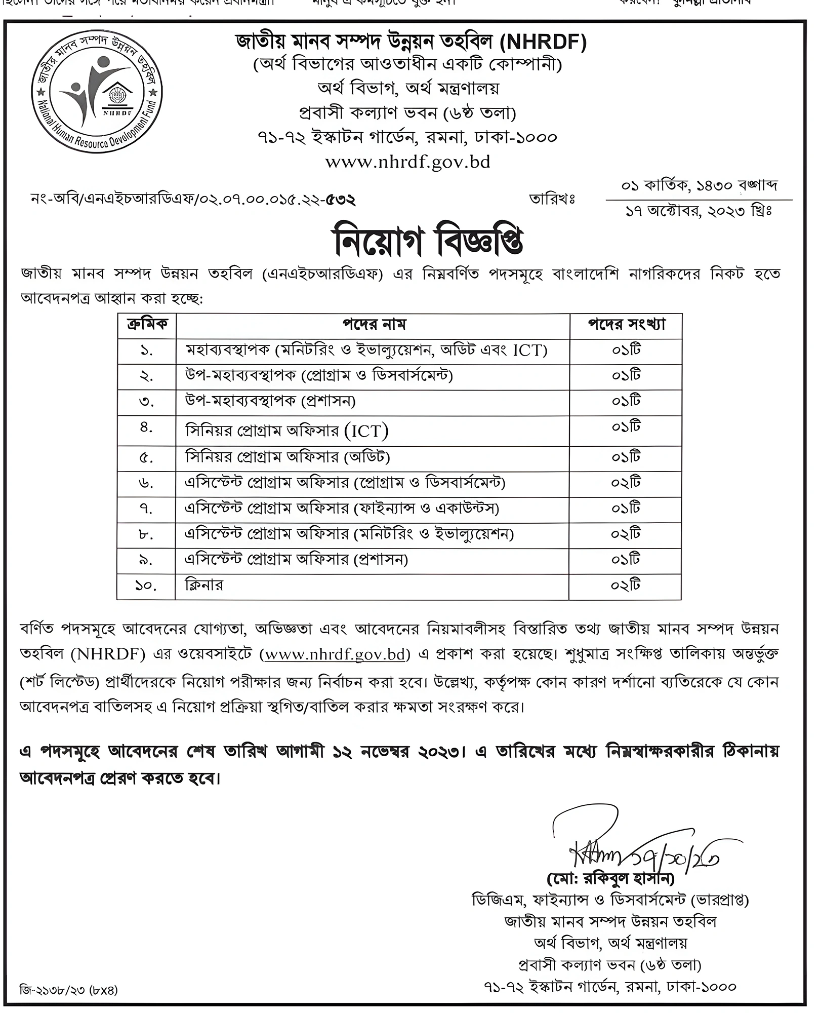 জাতীয় মানবসম্পদ উন্নয়ন তহবিল নিয়োগ বিজ্ঞপ্তি ২০২৩